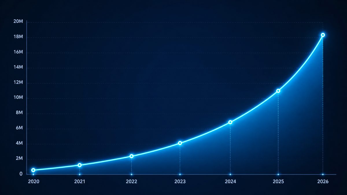 成人影院用户增长数据图表,展示2020-2026年注册用户从50万增长至1800万的趋势